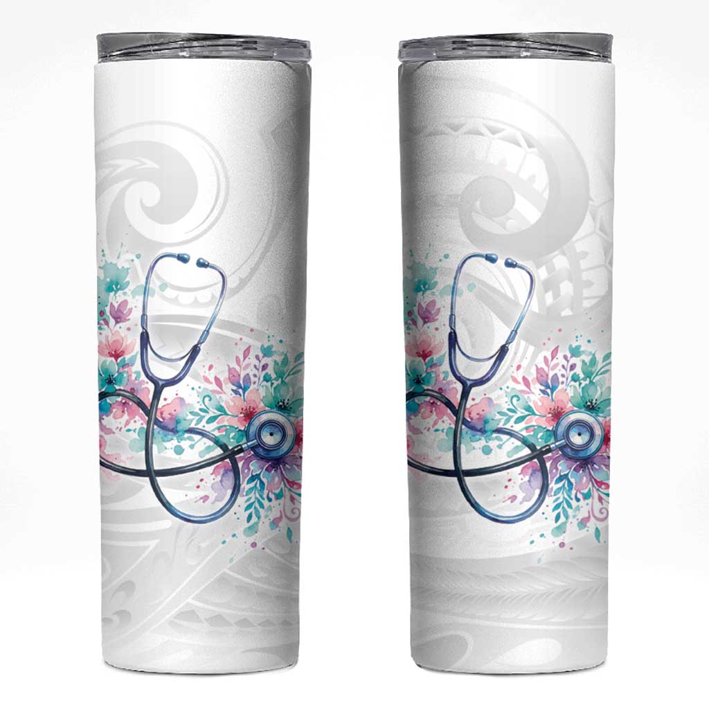 New Zealand Nurses RN Personalised Skinny Tumbler Stethoscope Floral Maori Motif