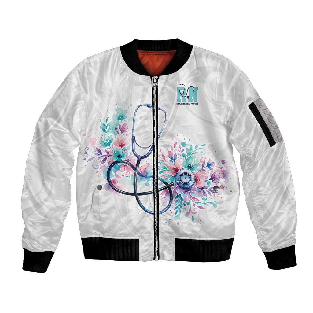 New Zealand Nurses RN Personalised Sleeve Zip Bomber Jacket Stethoscope Floral Maori Motif