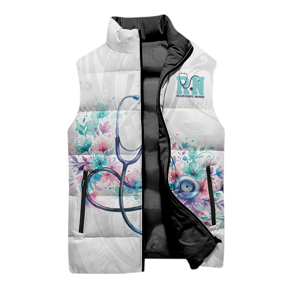 New Zealand Nurses RN Personalised Sleeveless Puffer Jacket Stethoscope Floral Maori Motif
