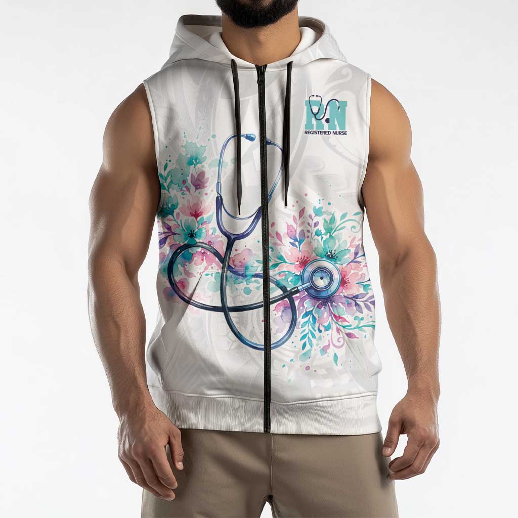 New Zealand Nurses RN Personalised Sleeveless Zip Hoodie Stethoscope Floral Maori Motif