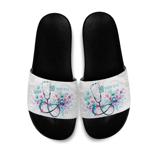 New Zealand Nurses RN Personalised Slide Sandals Stethoscope Floral Maori Motif