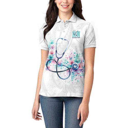 New Zealand Nurses RN Personalised Women Polo Shirt Stethoscope Floral Maori Motif
