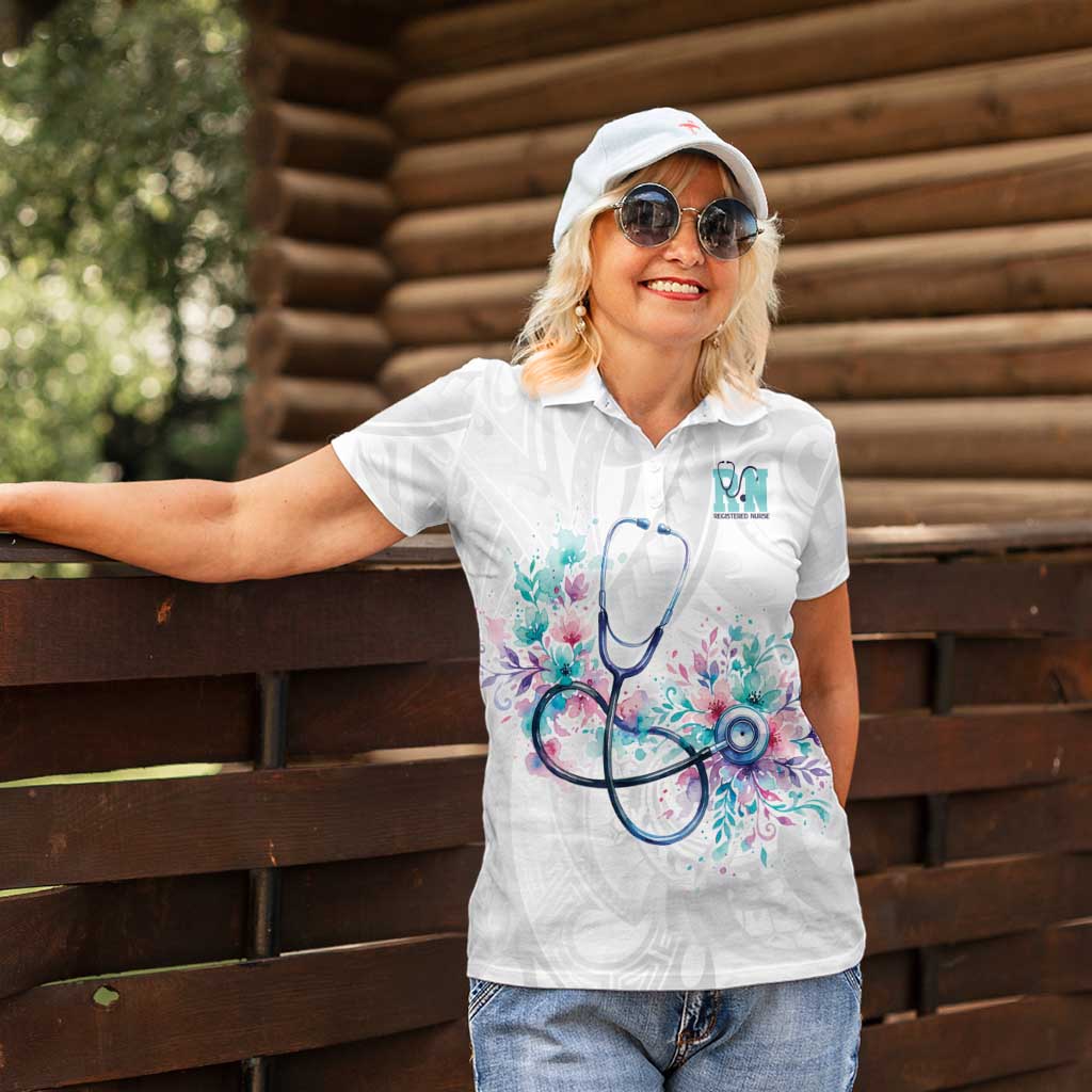 New Zealand Nurses RN Personalised Women Polo Shirt Stethoscope Floral Maori Motif