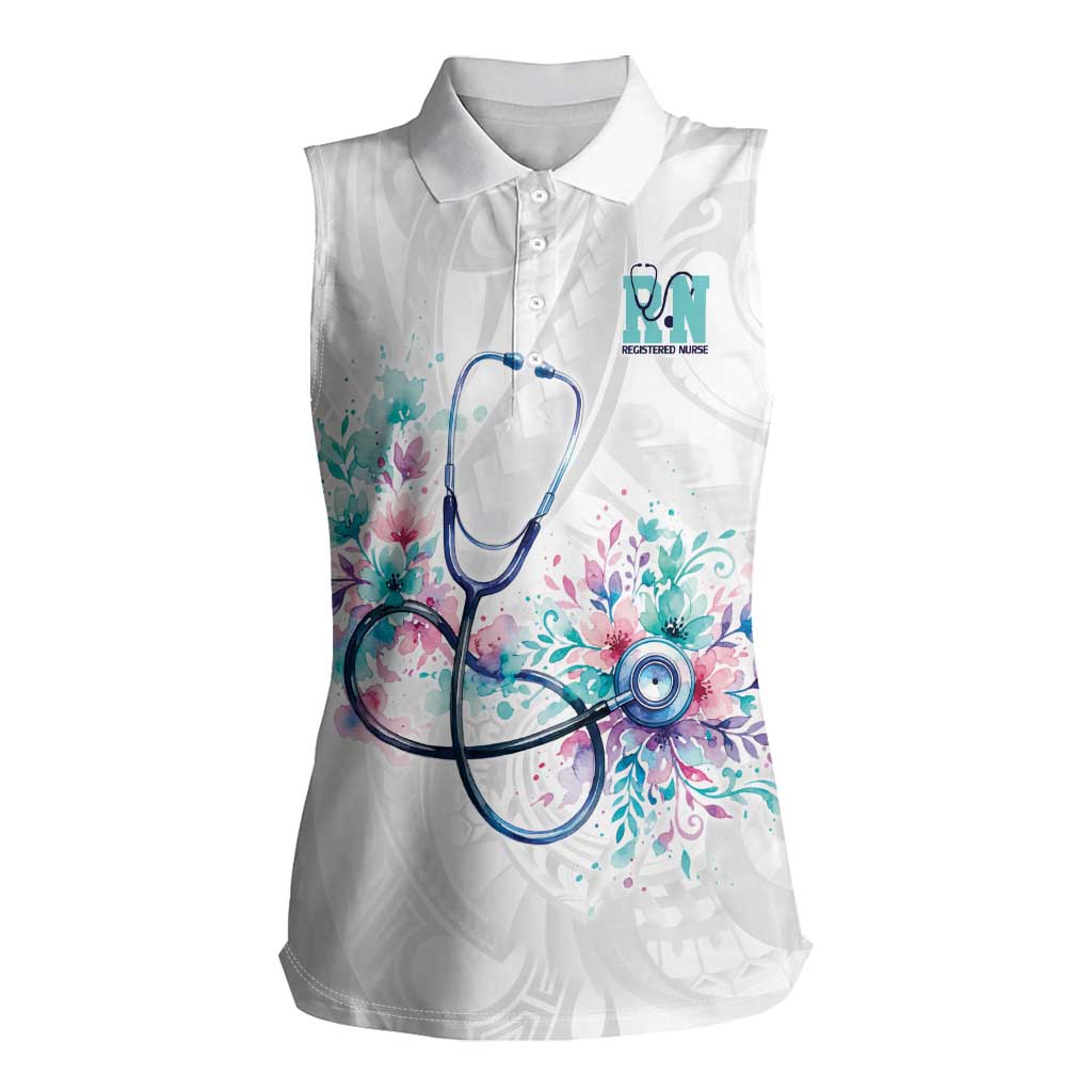 New Zealand Nurses RN Personalised Women Sleeveless Polo Shirt Stethoscope Floral Maori Motif
