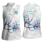 New Zealand Nurses RN Personalised Women Sleeveless Polo Shirt Stethoscope Floral Maori Motif
