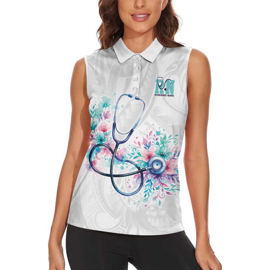New Zealand Nurses RN Personalised Women Sleeveless Polo Shirt Stethoscope Floral Maori Motif
