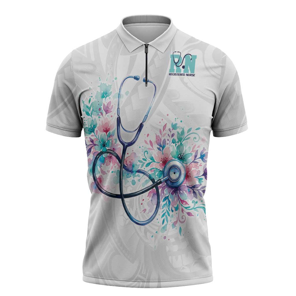 New Zealand Nurses RN Personalised Zipper Polo Shirt Stethoscope Floral Maori Motif