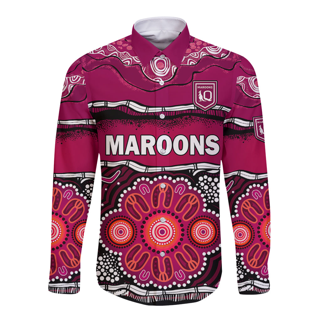 custom-text-and-number-maroons-rugby-long-sleeve-button-shirt-aboriginal-queensland-state-of-origin
