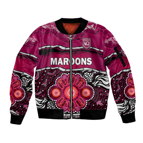 custom-text-and-number-maroons-rugby-sleeve-zip-bomber-jacket-aboriginal-queensland-state-of-origin