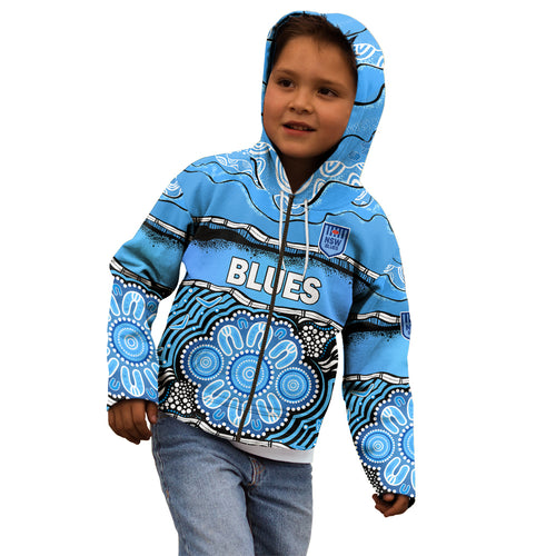 custom-text-and-number-blues-rugby-aboriginal-kid-hoodie-new-south-wales-state-of-origin