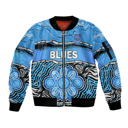 custom-text-and-number-blues-rugby-aboriginal-sleeve-zip-bomber-jacket-new-south-wales-state-of-origin