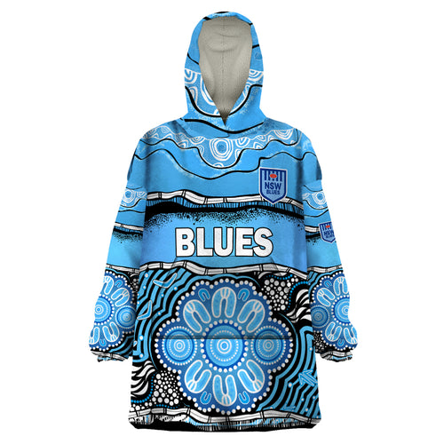 custom-text-and-number-blues-rugby-aboriginal-wearable-blanket-hoodie-new-south-wales-state-of-origin