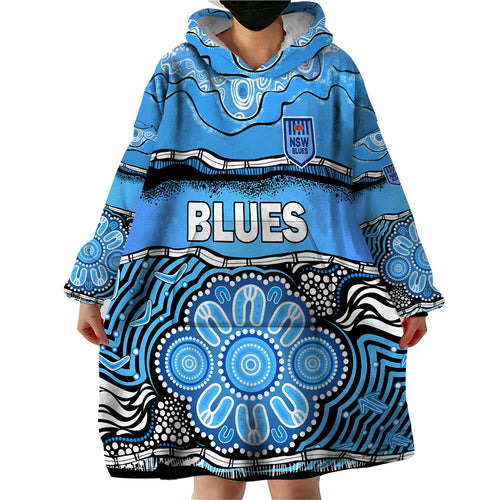 custom-text-and-number-blues-rugby-aboriginal-wearable-blanket-hoodie-new-south-wales-state-of-origin
