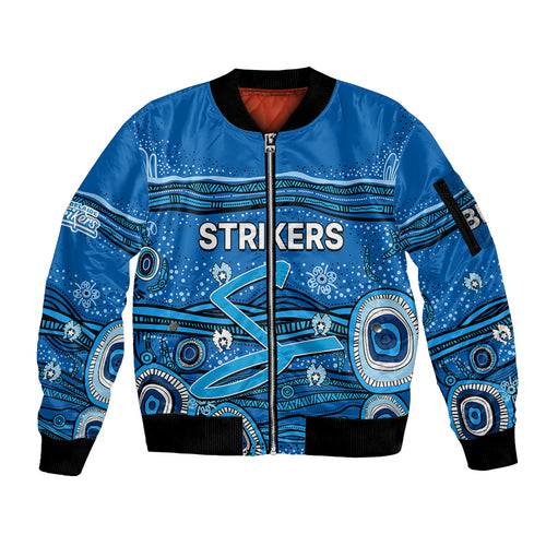 custom-text-and-number-australia-strikers-cricket-sleeve-zip-bomber-jacket-indigenous-2023