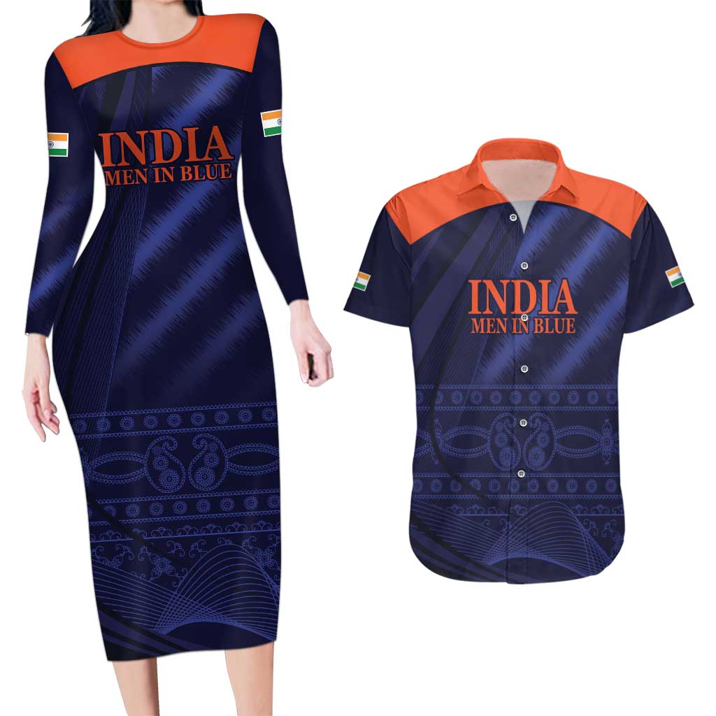 Custom India Cricket Couples Matching Long Sleeve Bodycon Dress and Hawaiian Shirt Go Men In Blue Sporty Version