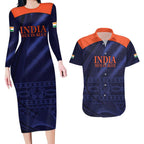 Custom India Cricket Couples Matching Long Sleeve Bodycon Dress and Hawaiian Shirt Go Men In Blue Sporty Version