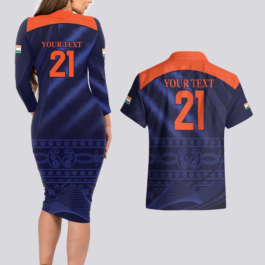 Custom India Cricket Couples Matching Long Sleeve Bodycon Dress and Hawaiian Shirt Go Men In Blue Sporty Version