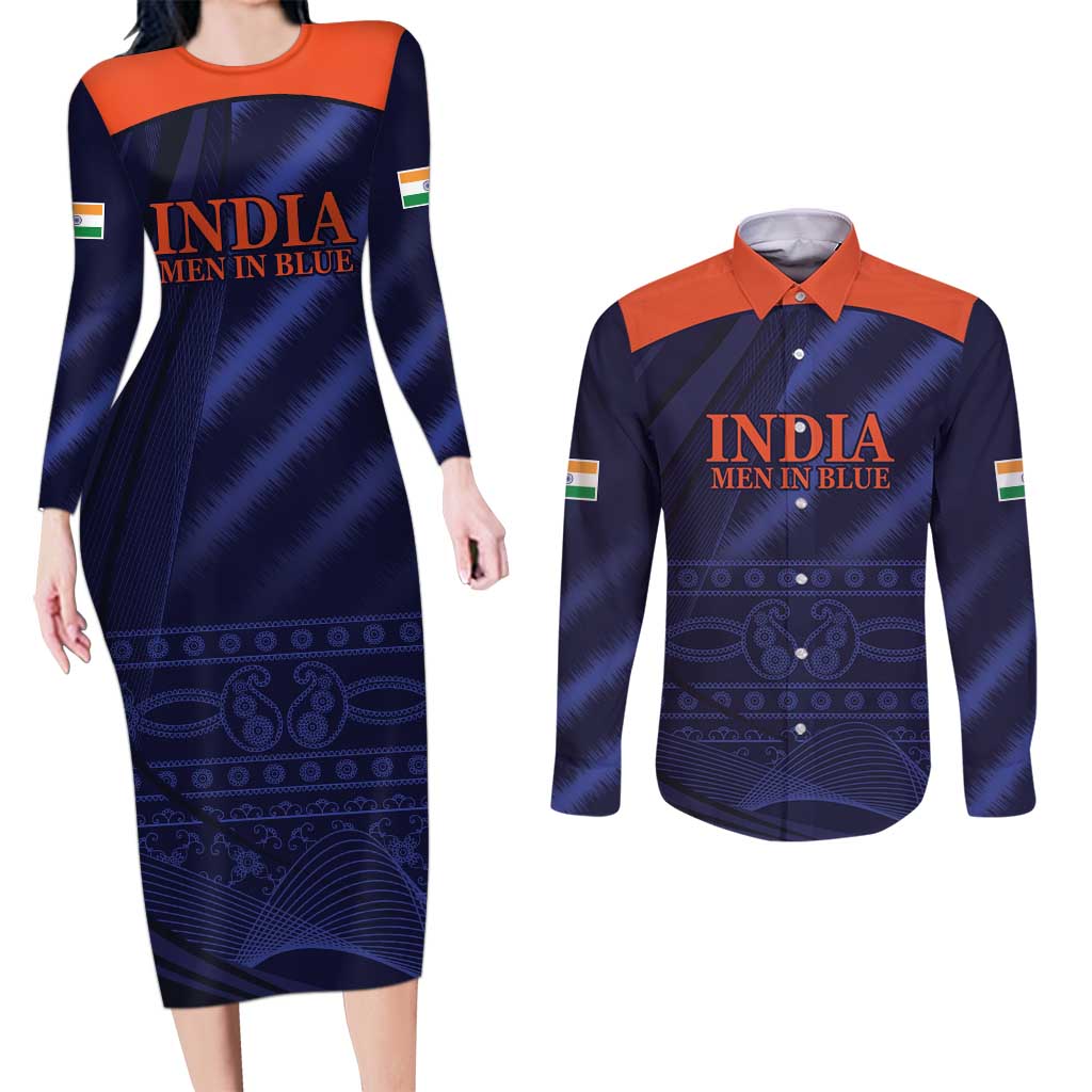 Custom India Cricket Couples Matching Long Sleeve Bodycon Dress and Long Sleeve Button Shirt Go Men In Blue Sporty Version
