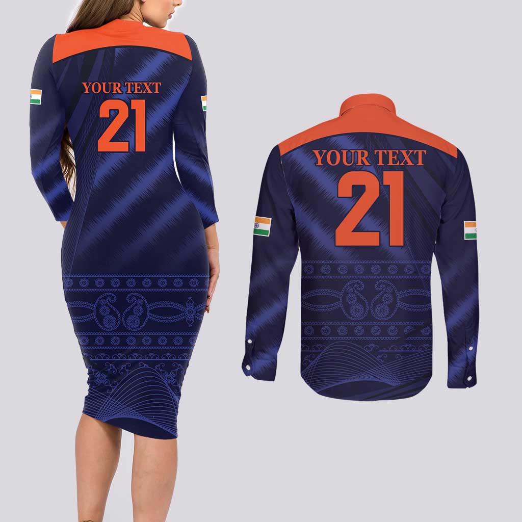 Custom India Cricket Couples Matching Long Sleeve Bodycon Dress and Long Sleeve Button Shirt Go Men In Blue Sporty Version