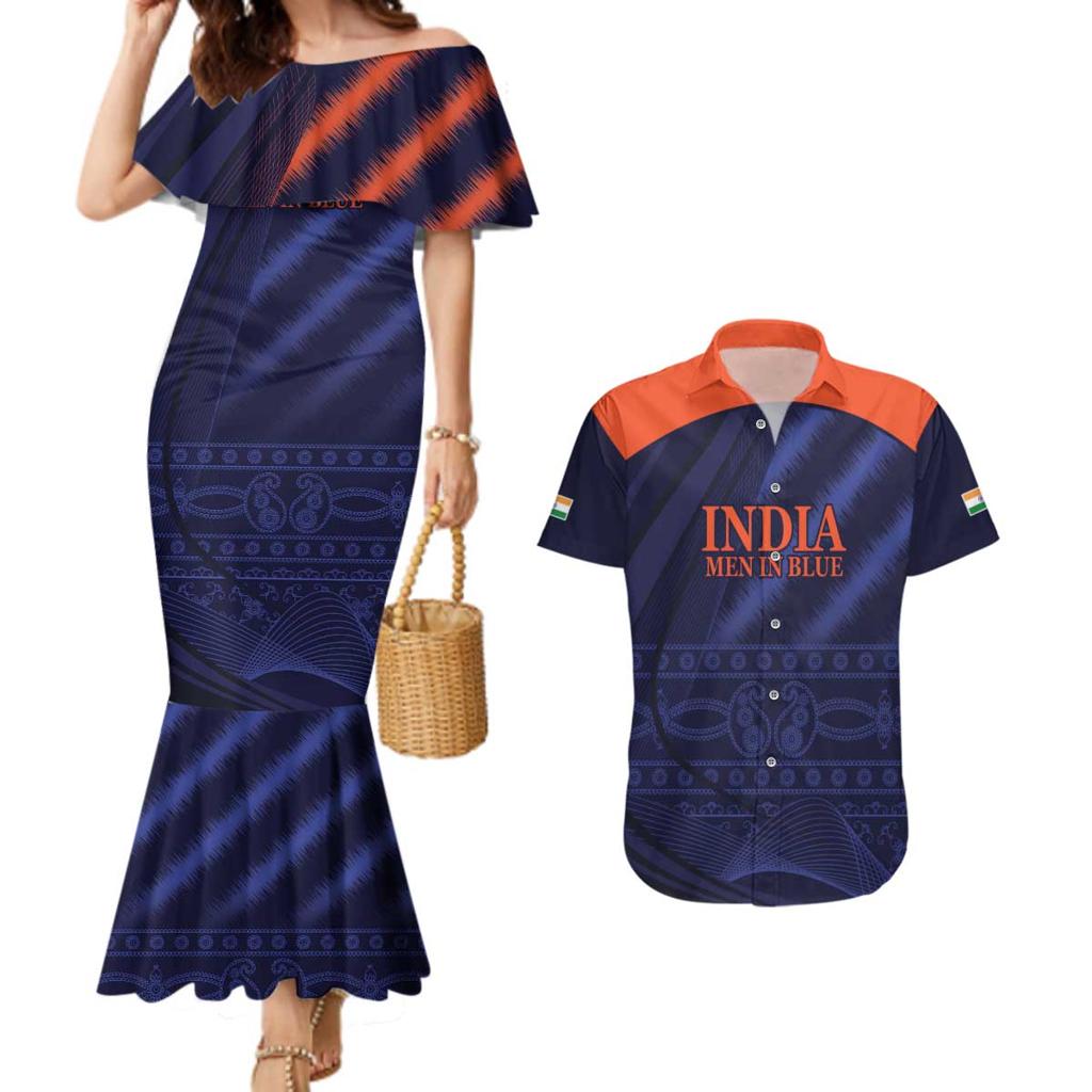 Custom India Cricket Couples Matching Mermaid Dress and Hawaiian Shirt Go Men In Blue Sporty Version