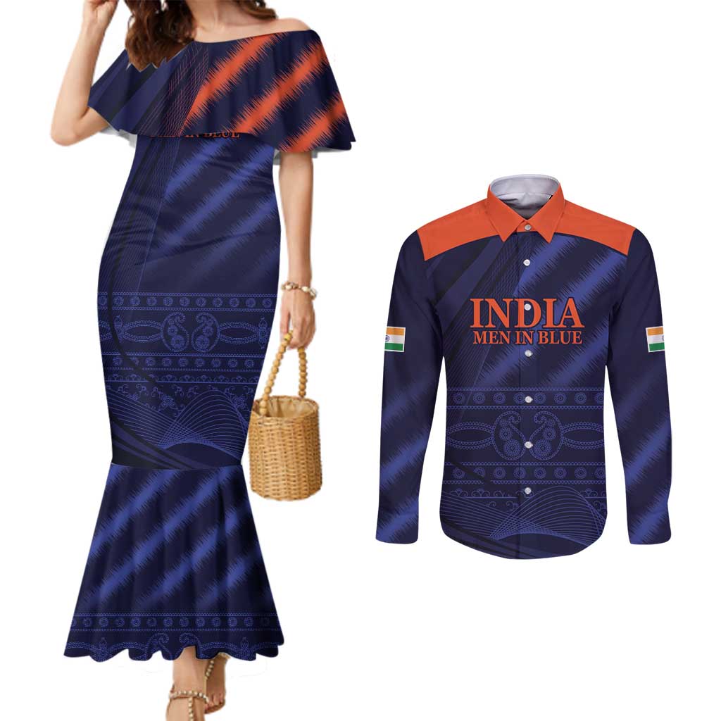 Custom India Cricket Couples Matching Mermaid Dress and Long Sleeve Button Shirt Go Men In Blue Sporty Version