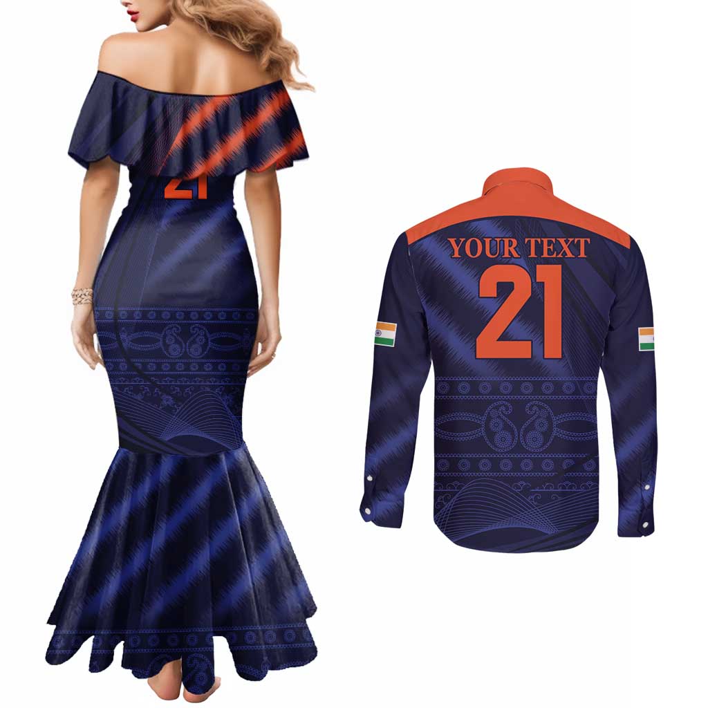Custom India Cricket Couples Matching Mermaid Dress and Long Sleeve Button Shirt Go Men In Blue Sporty Version