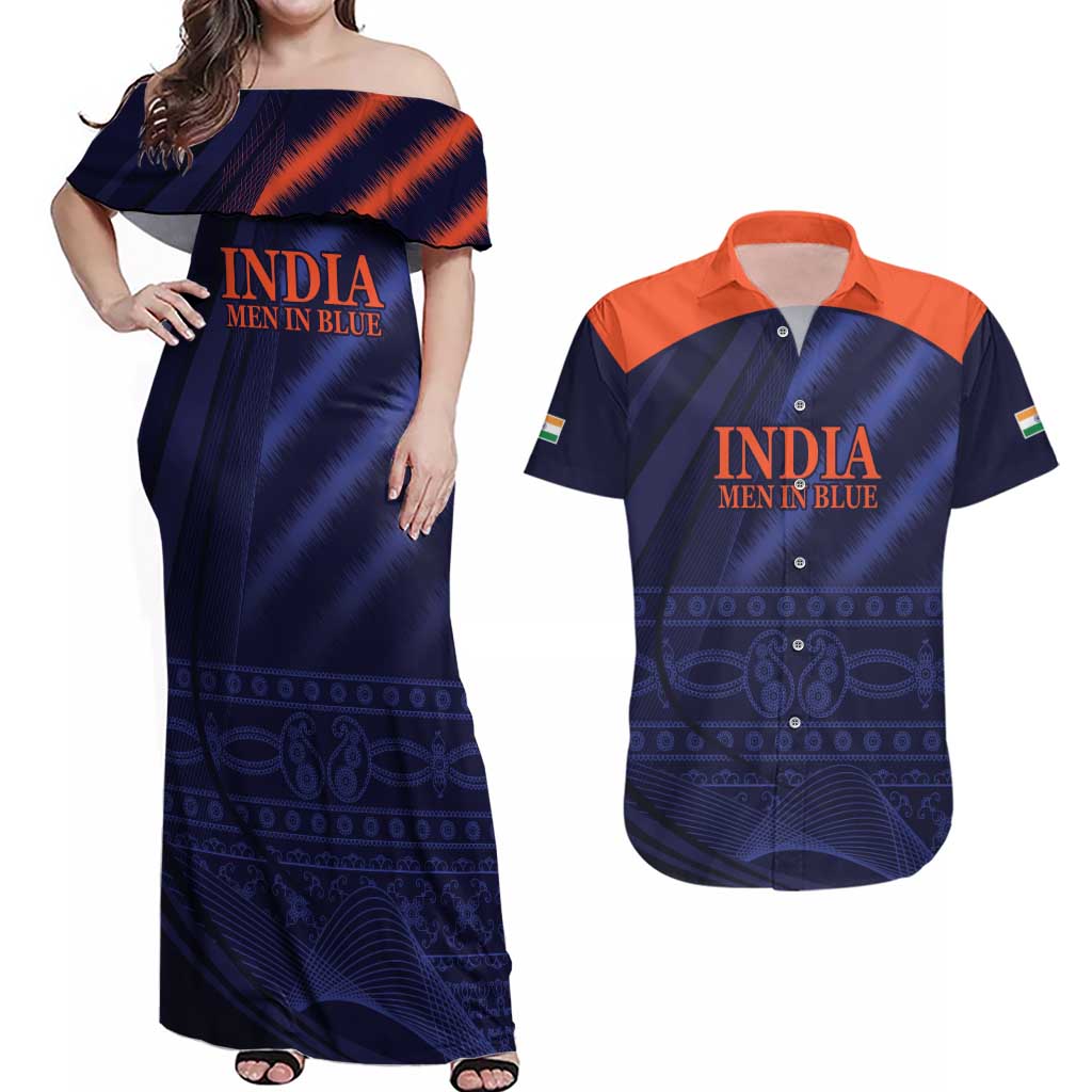 Custom India Cricket Couples Matching Off Shoulder Maxi Dress and Hawaiian Shirt Go Men In Blue Sporty Version
