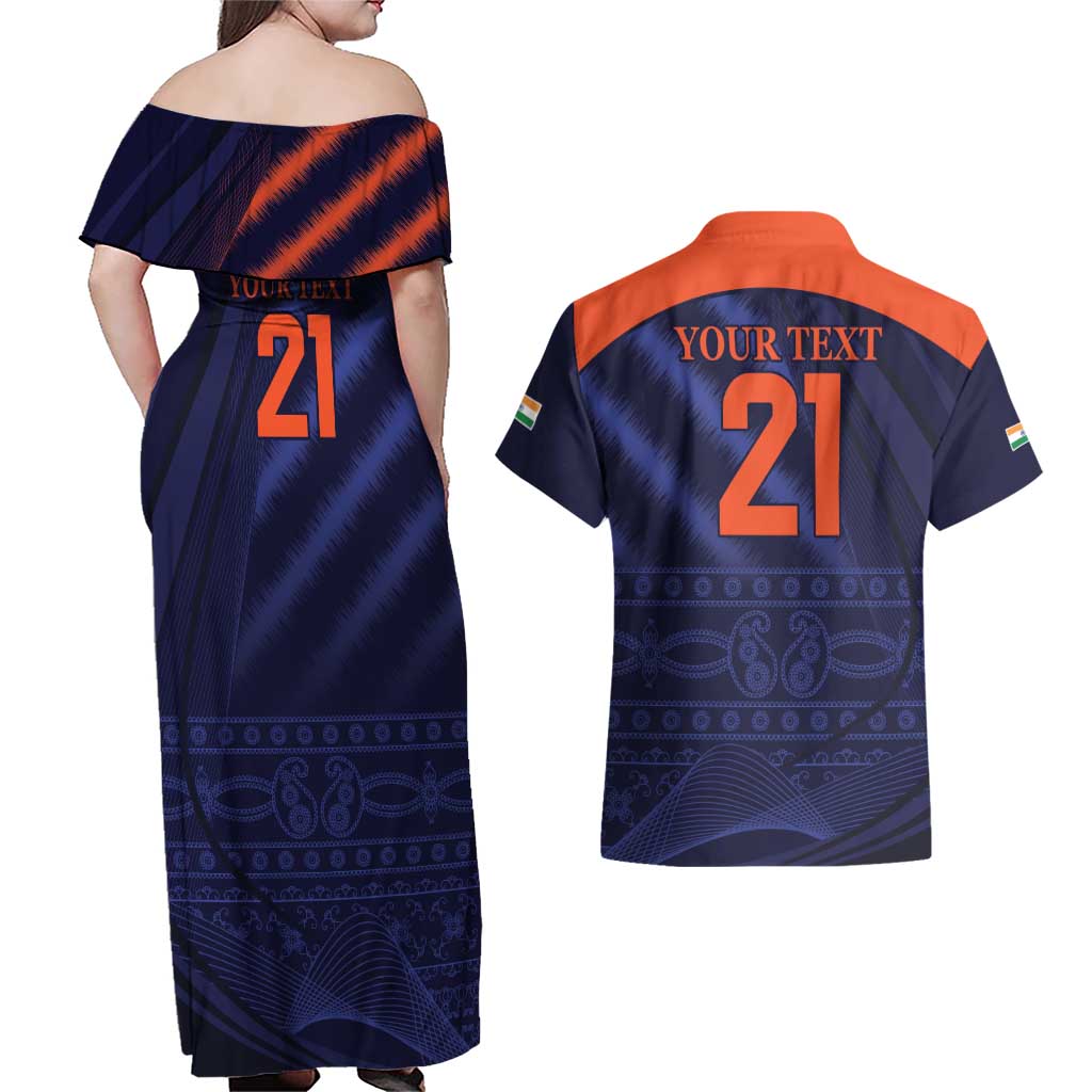 Custom India Cricket Couples Matching Off Shoulder Maxi Dress and Hawaiian Shirt Go Men In Blue Sporty Version