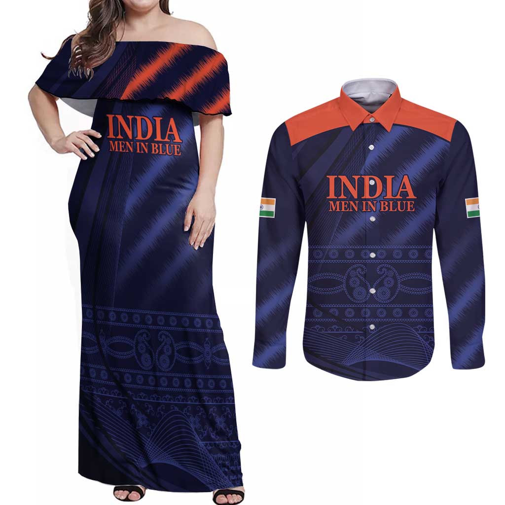 Custom India Cricket Couples Matching Off Shoulder Maxi Dress and Long Sleeve Button Shirt Go Men In Blue Sporty Version