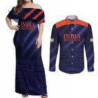 Custom India Cricket Couples Matching Off Shoulder Maxi Dress and Long Sleeve Button Shirt Go Men In Blue Sporty Version