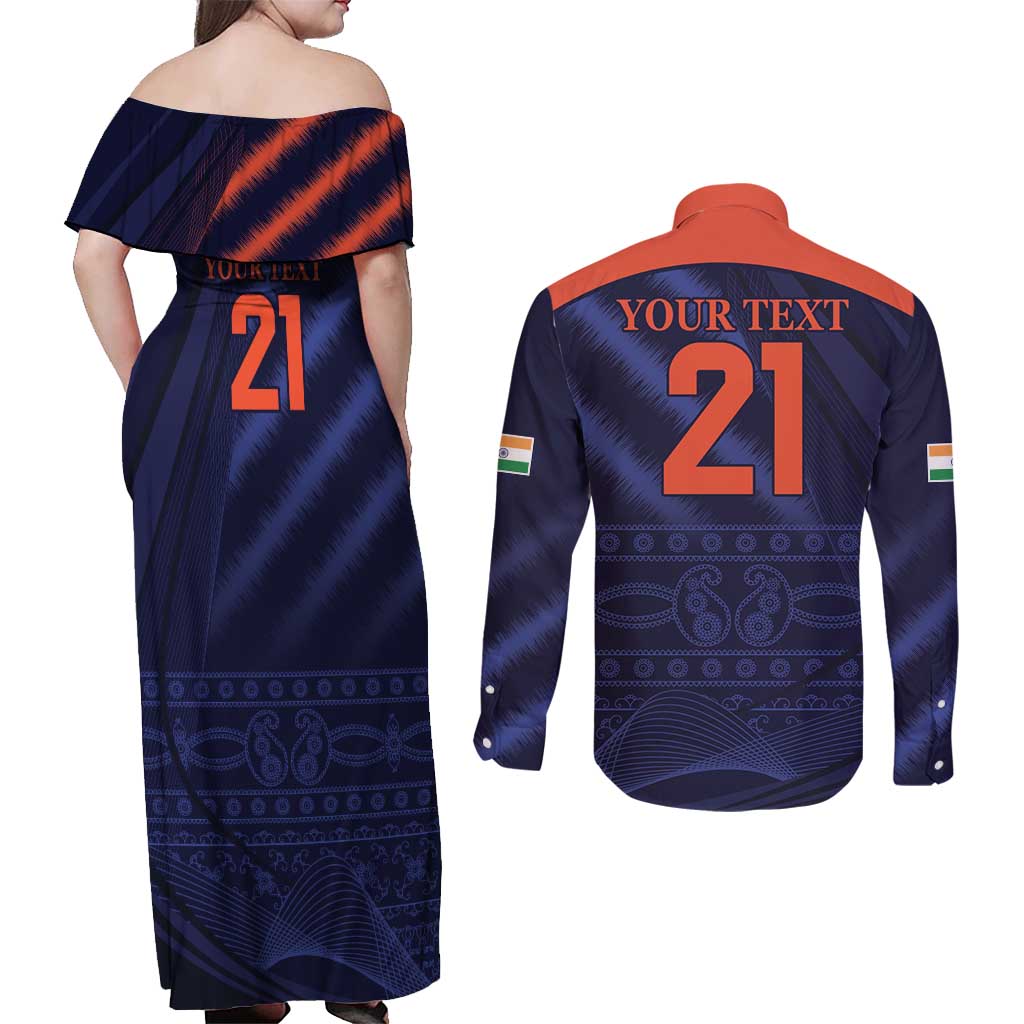 Custom India Cricket Couples Matching Off Shoulder Maxi Dress and Long Sleeve Button Shirt Go Men In Blue Sporty Version