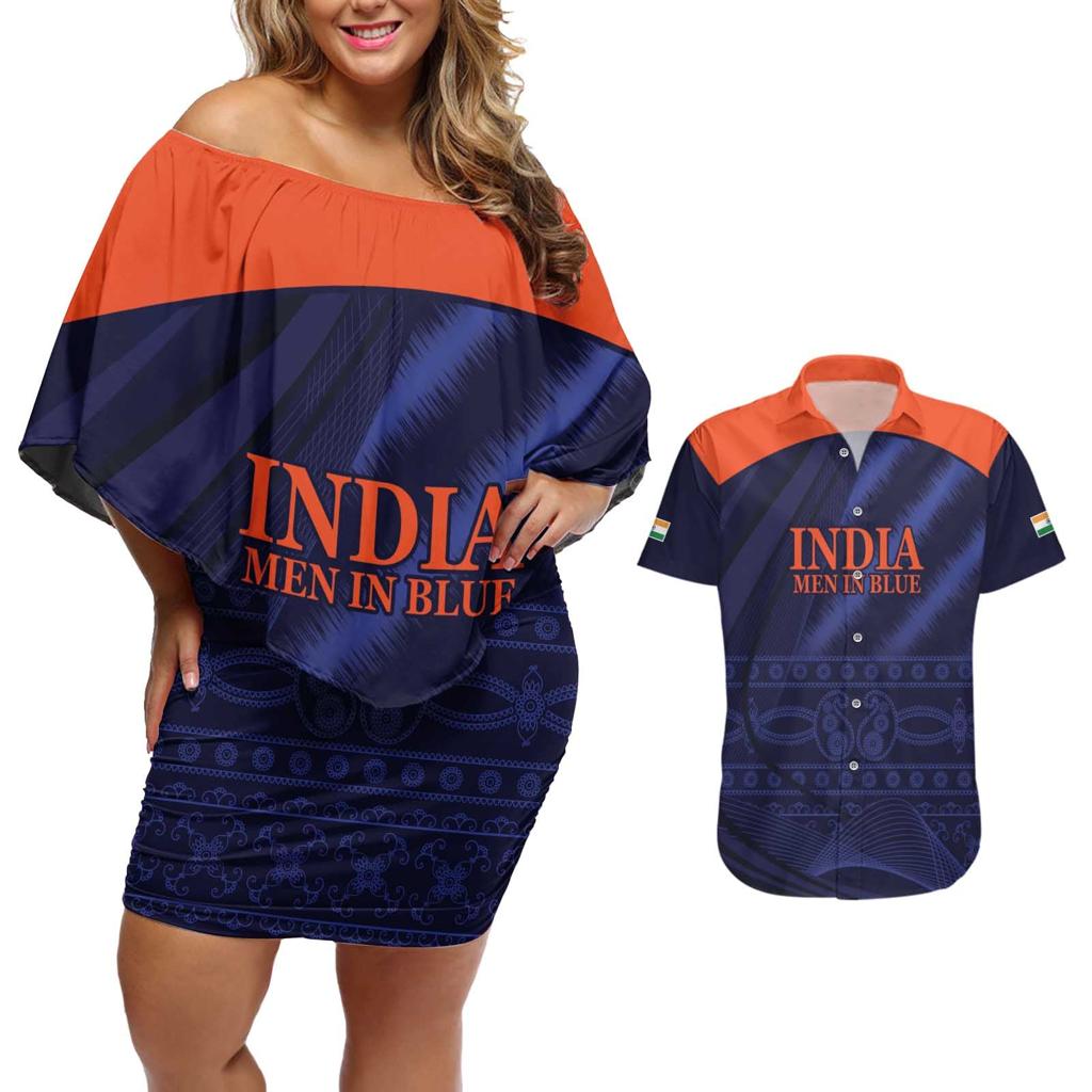 Custom India Cricket Couples Matching Off Shoulder Short Dress and Hawaiian Shirt Go Men In Blue Sporty Version