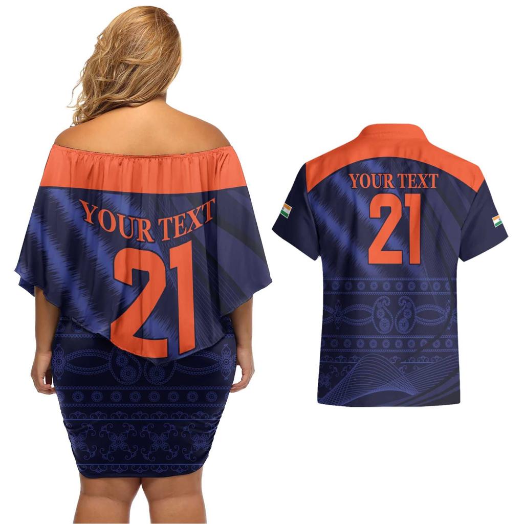 Custom India Cricket Couples Matching Off Shoulder Short Dress and Hawaiian Shirt Go Men In Blue Sporty Version