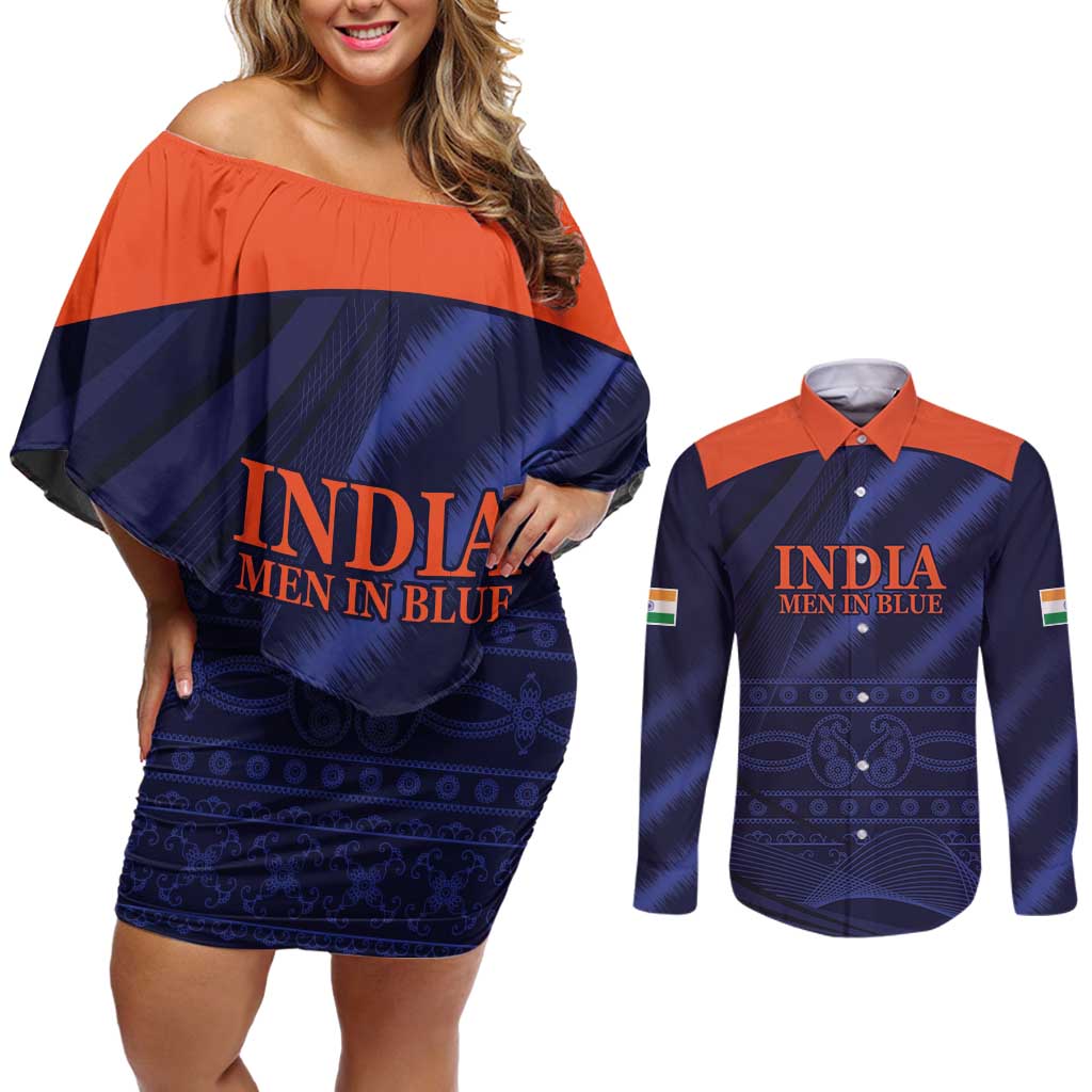 Custom India Cricket Couples Matching Off Shoulder Short Dress and Long Sleeve Button Shirt Go Men In Blue Sporty Version