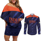 Custom India Cricket Couples Matching Off Shoulder Short Dress and Long Sleeve Button Shirt Go Men In Blue Sporty Version