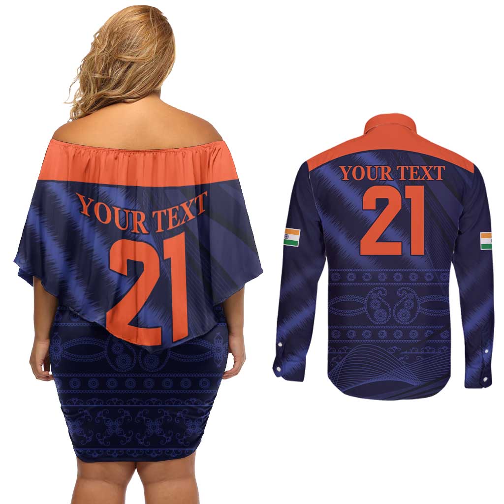 Custom India Cricket Couples Matching Off Shoulder Short Dress and Long Sleeve Button Shirt Go Men In Blue Sporty Version