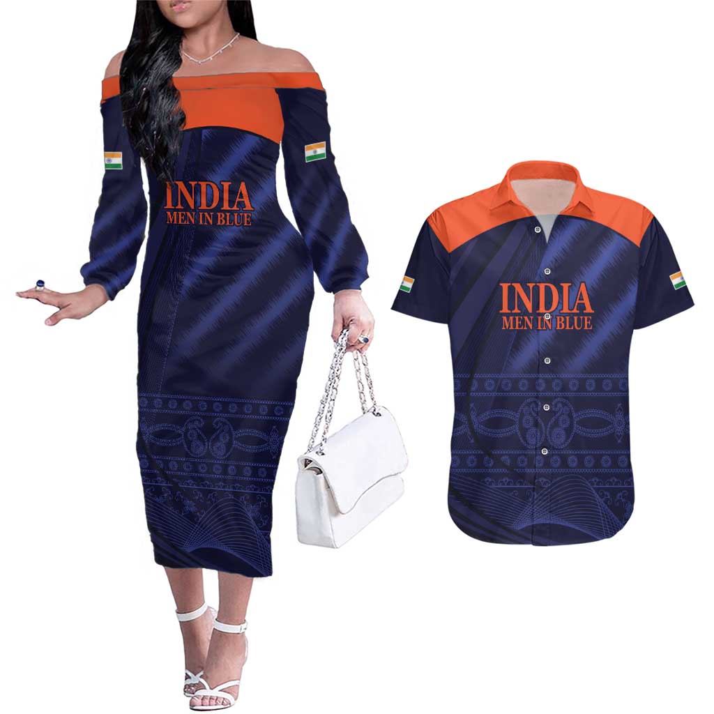 Custom India Cricket Couples Matching Off The Shoulder Long Sleeve Dress and Hawaiian Shirt Go Men In Blue Sporty Version