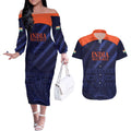 Custom India Cricket Couples Matching Off The Shoulder Long Sleeve Dress and Hawaiian Shirt Go Men In Blue Sporty Version