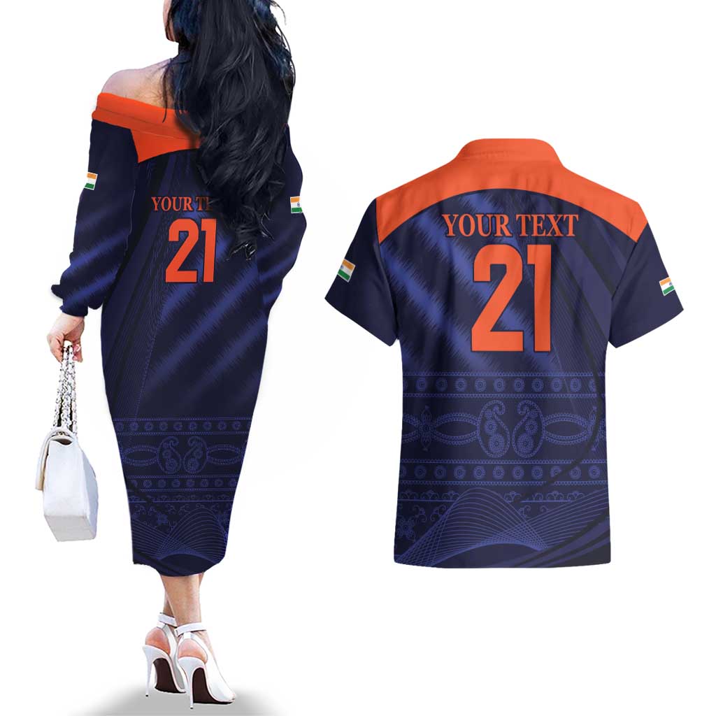 Custom India Cricket Couples Matching Off The Shoulder Long Sleeve Dress and Hawaiian Shirt Go Men In Blue Sporty Version