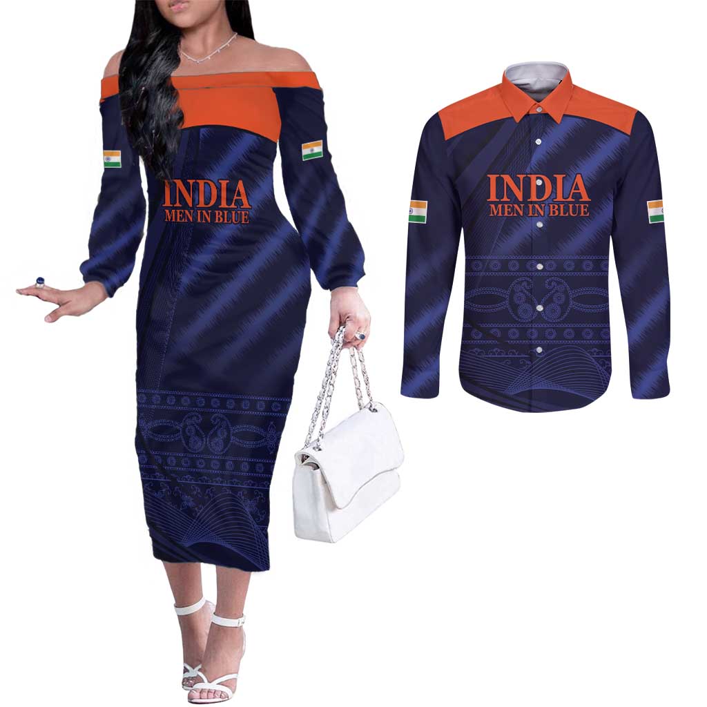 Custom India Cricket Couples Matching Off The Shoulder Long Sleeve Dress and Long Sleeve Button Shirt Go Men In Blue Sporty Version
