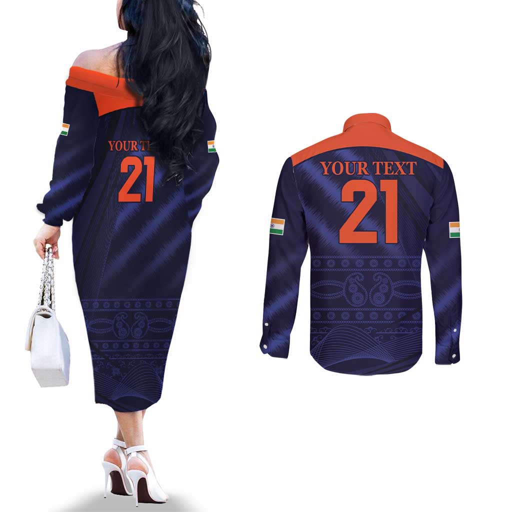 Custom India Cricket Couples Matching Off The Shoulder Long Sleeve Dress and Long Sleeve Button Shirt Go Men In Blue Sporty Version