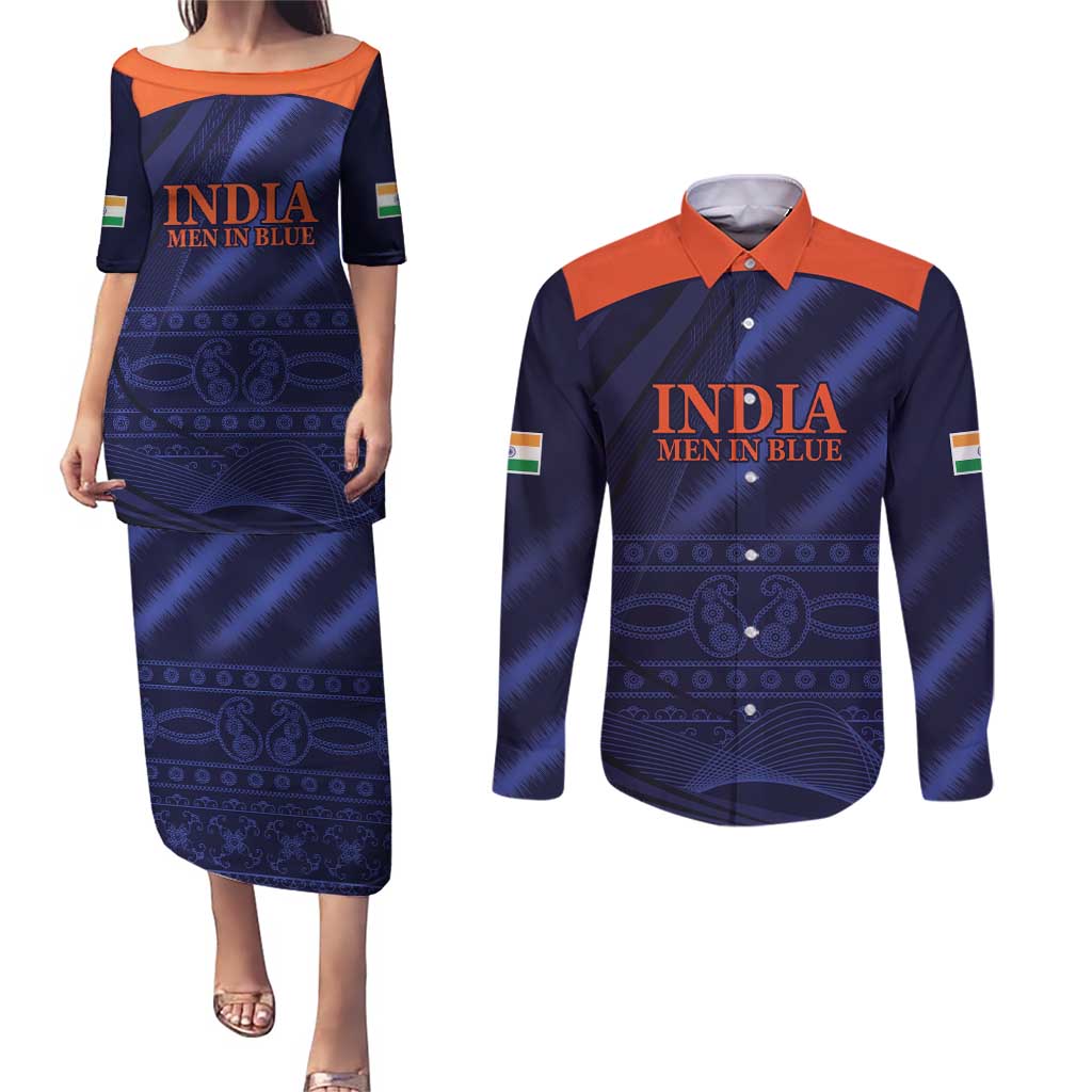 Custom India Cricket Couples Matching Puletasi and Long Sleeve Button Shirt Go Men In Blue Sporty Version