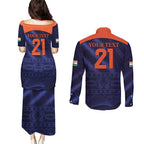 Custom India Cricket Couples Matching Puletasi and Long Sleeve Button Shirt Go Men In Blue Sporty Version