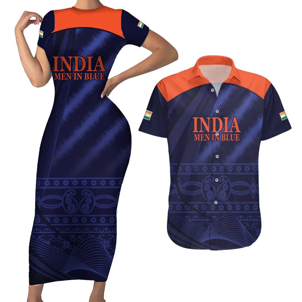 Custom India Cricket Couples Matching Short Sleeve Bodycon Dress and Hawaiian Shirt Go Men In Blue Sporty Version