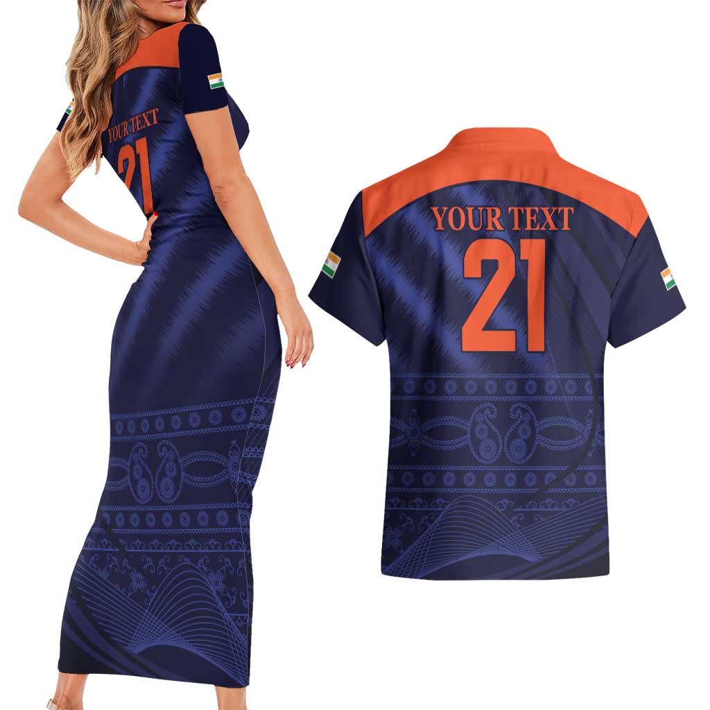 Custom India Cricket Couples Matching Short Sleeve Bodycon Dress and Hawaiian Shirt Go Men In Blue Sporty Version