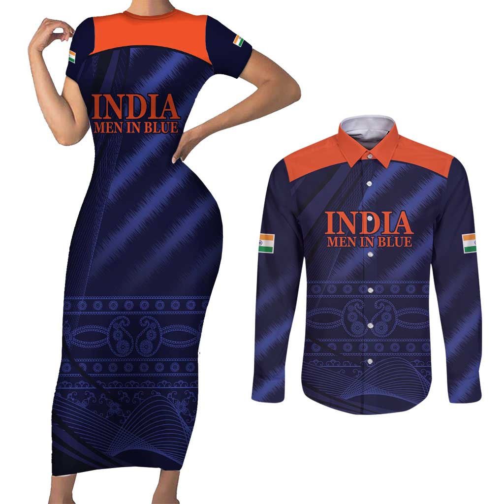 Custom India Cricket Couples Matching Short Sleeve Bodycon Dress and Long Sleeve Button Shirt Go Men In Blue Sporty Version