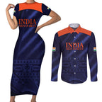 Custom India Cricket Couples Matching Short Sleeve Bodycon Dress and Long Sleeve Button Shirt Go Men In Blue Sporty Version