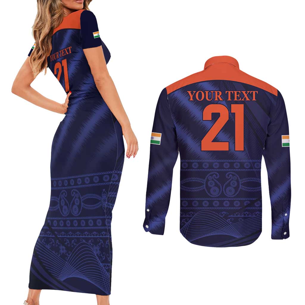 Custom India Cricket Couples Matching Short Sleeve Bodycon Dress and Long Sleeve Button Shirt Go Men In Blue Sporty Version