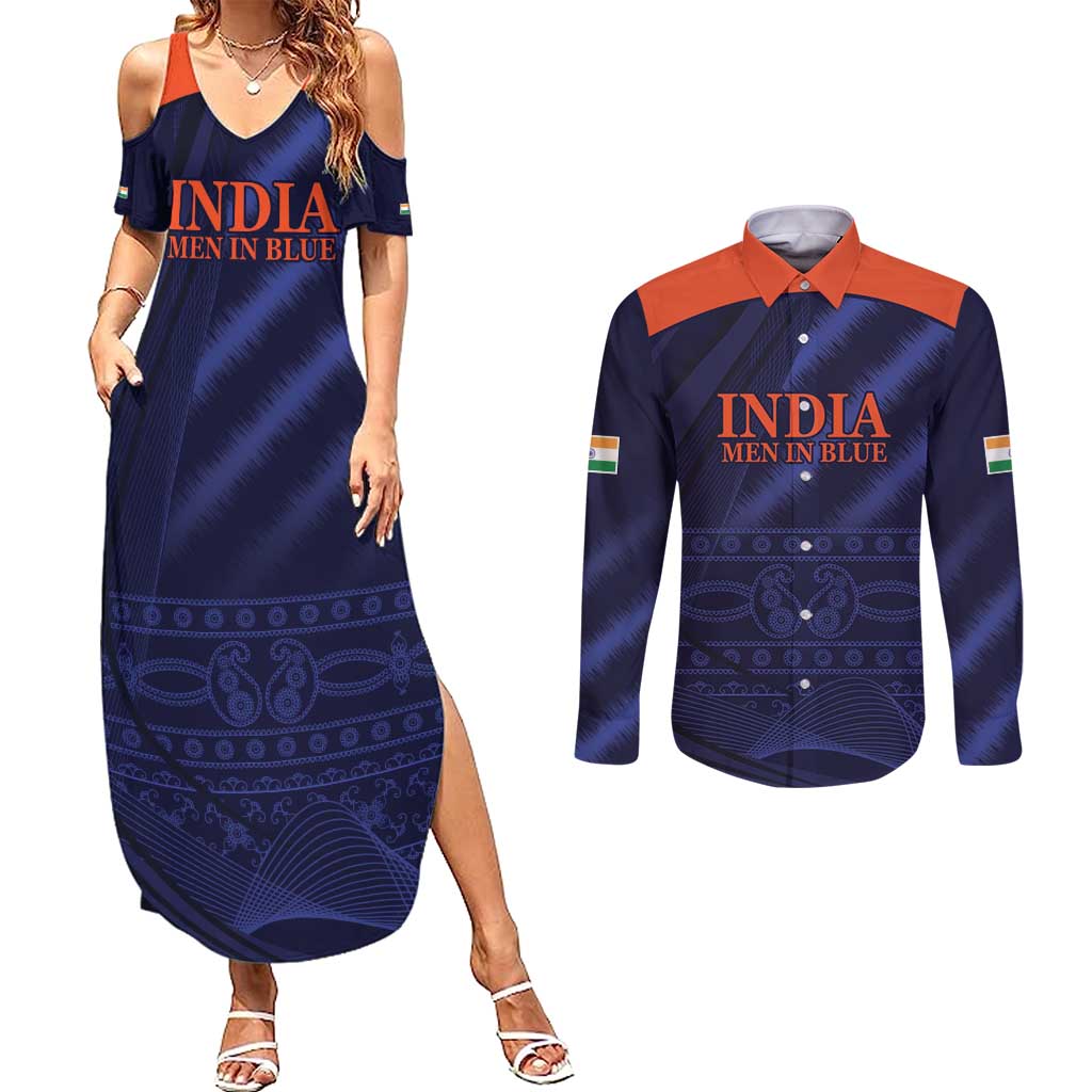 Custom India Cricket Couples Matching Summer Maxi Dress and Long Sleeve Button Shirt Go Men In Blue Sporty Version