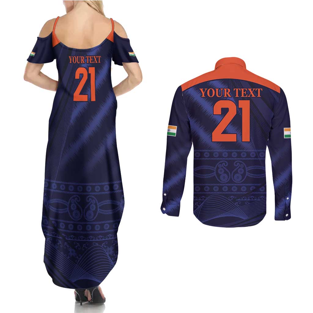 Custom India Cricket Couples Matching Summer Maxi Dress and Long Sleeve Button Shirt Go Men In Blue Sporty Version